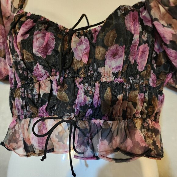 For Love & Lemons Sunshine‎ Sheer Floral Puff Sleeve Crop Top Drawstring Detail - Picture 6 of 7